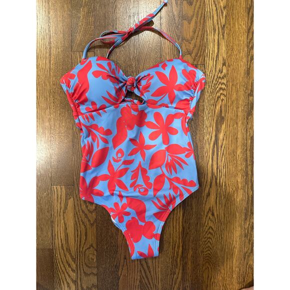 Boden Knot Bandeau One Piece Swimsuit Blue with Red Floral Size UK 10 US 6 - Picture 2 of 13